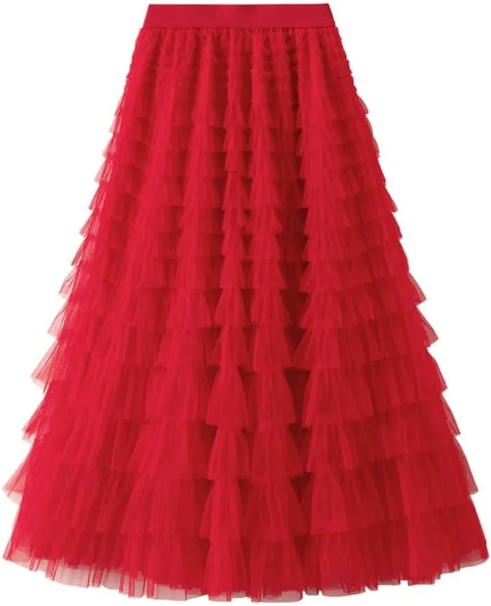 Mesh Flounce Temperament Skirt Womens 2024 New Ladies Cake Skirt Elegant Tulle Maxi Skirt for Women