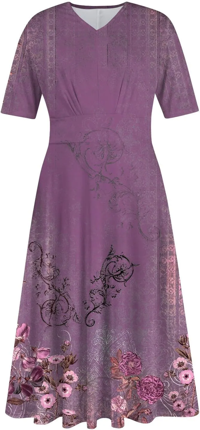 Midi Dresses for Women A-Line Waist V Neck Maxi Dresses Short Sleeve Swing Dress Printing Dressy Beach Dress