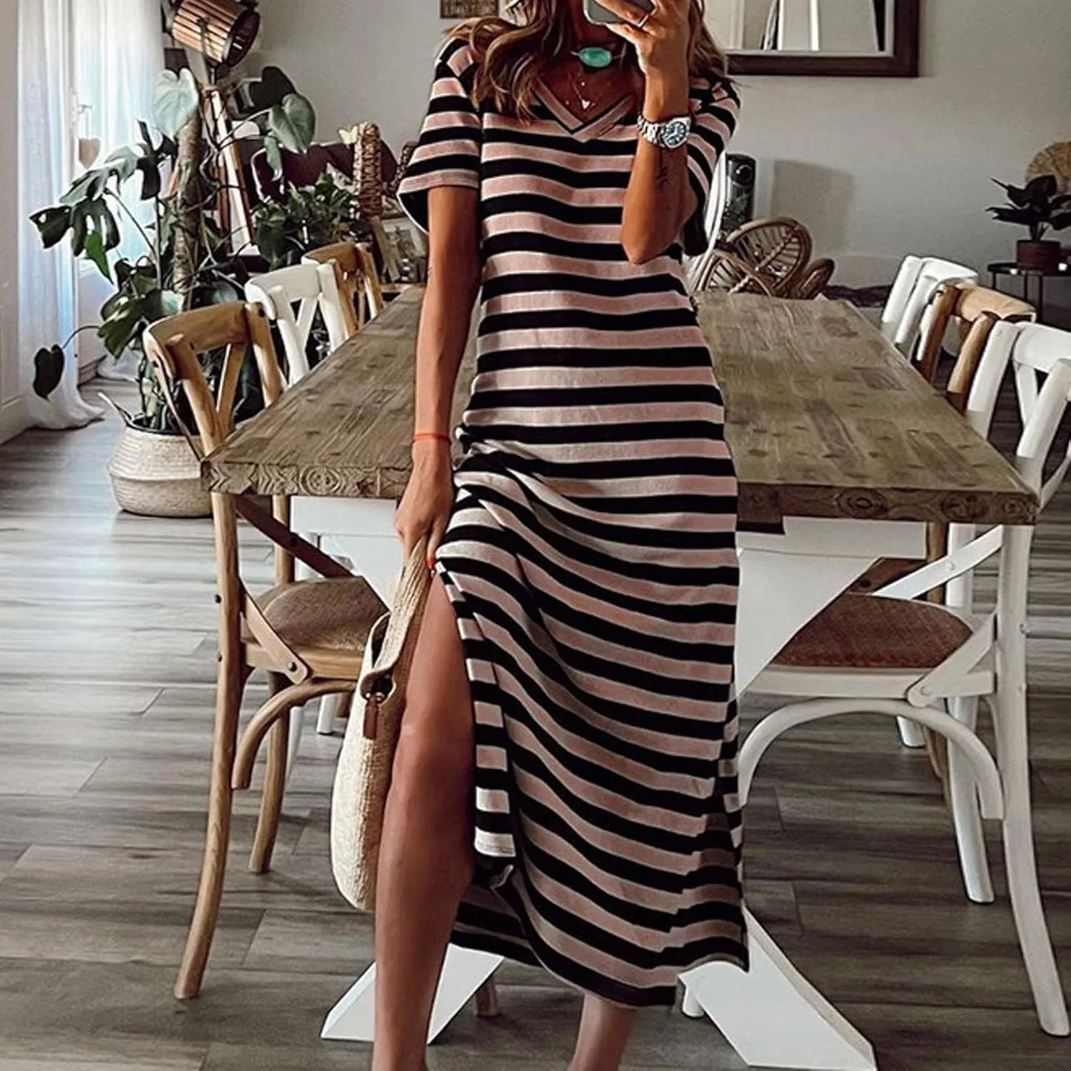Midi Dresses for Women Casual Striped Color Block T Shirt Dress V Neck Short Sleeve Split Long Dress Summer Dress