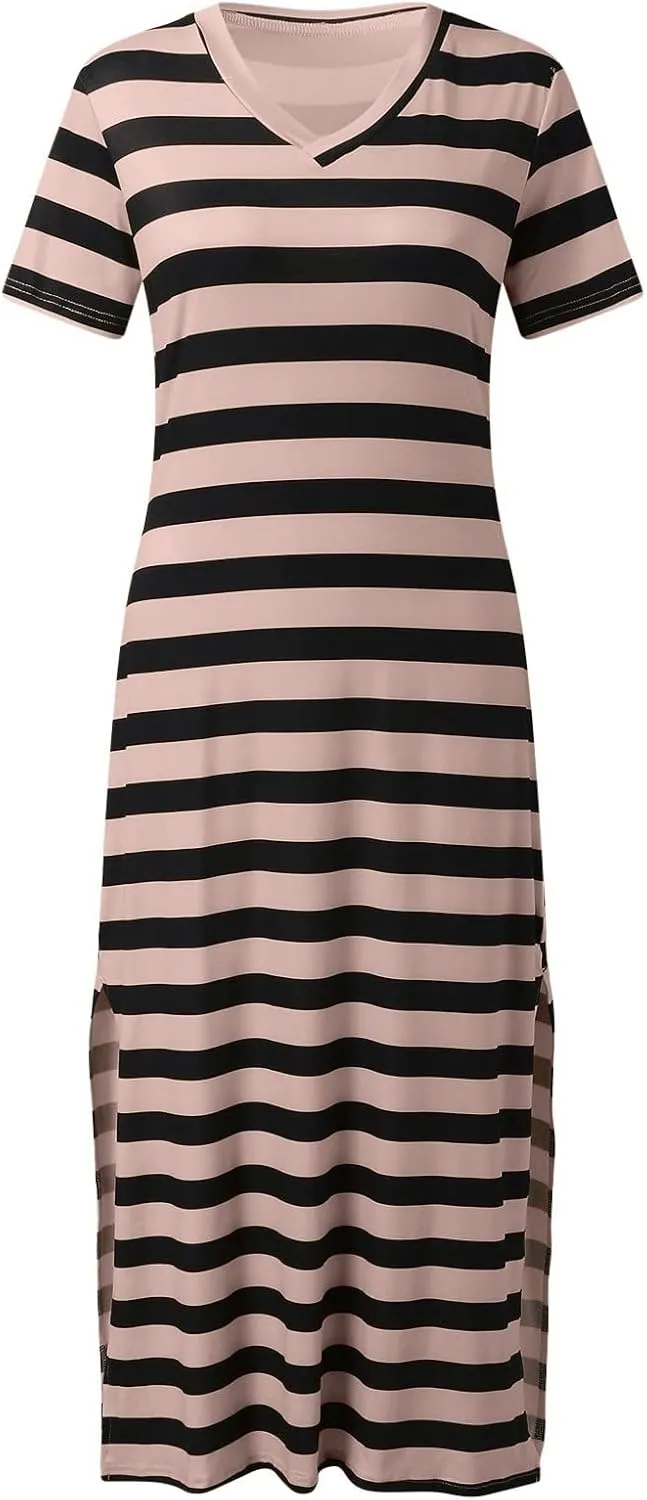 Midi Dresses for Women Casual Striped Color Block T Shirt Dress V Neck Short Sleeve Split Long Dress Summer Dress