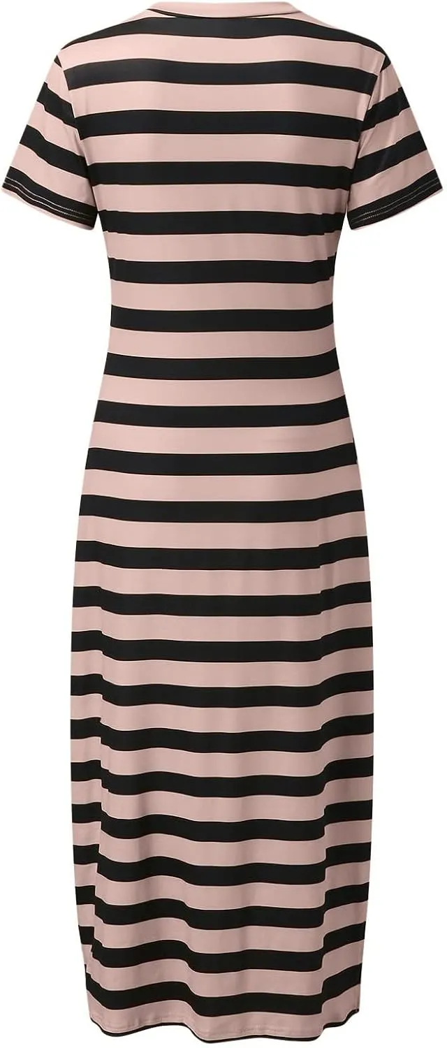 Midi Dresses for Women Casual Striped Color Block T Shirt Dress V Neck Short Sleeve Split Long Dress Summer Dress