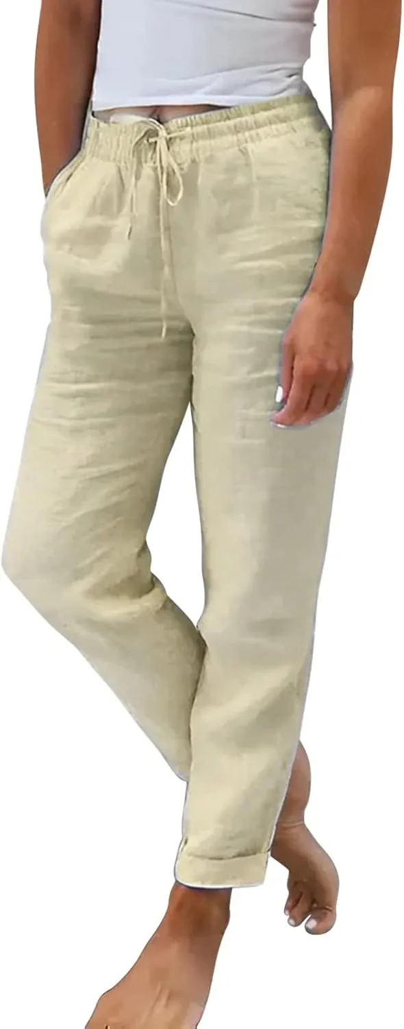 Miyaomn Cardigan Sweaters for Women Leather Pants for Women Women's Stylish Linen Straight Leg Pants Drawstring Elastic Waist Casual Joggers Folded Bottom Lounge Trousers Slacks(Khaki,XX-Large)