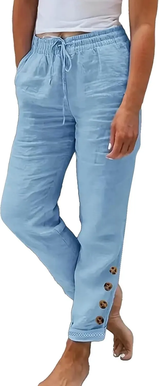 Miyaomn Dresses for Women 2024 Cargo Pants Women's Stylish Linen Straight Leg Pants Drawstring Elastic Waist Casual Joggers Folded Bottom Lounge Trousers Slacks(Sky Blue,Medium)