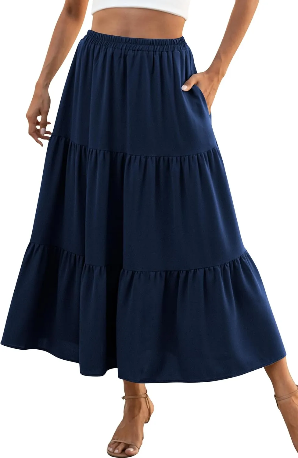 Naggoo Women's Summer Maxi Skirt Tiered A Line Ruffle Elastic High Waisted Flowy Beach Long Skirts with Pockets
