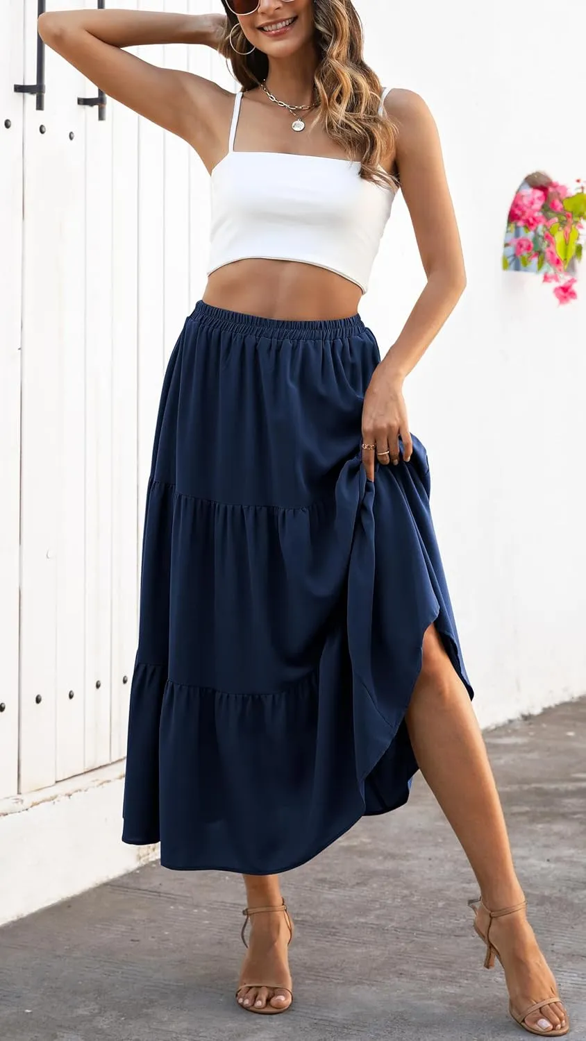Naggoo Women's Summer Maxi Skirt Tiered A Line Ruffle Elastic High Waisted Flowy Beach Long Skirts with Pockets