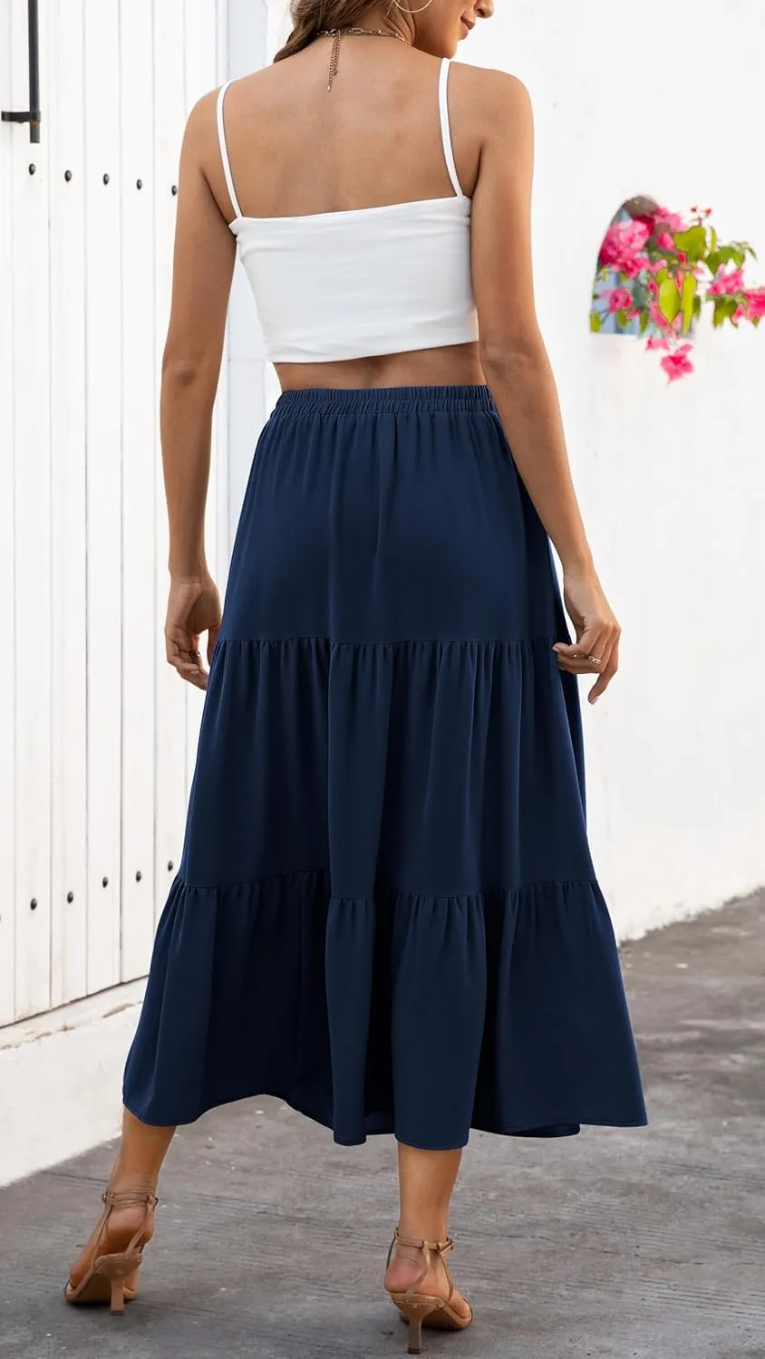Naggoo Women's Summer Maxi Skirt Tiered A Line Ruffle Elastic High Waisted Flowy Beach Long Skirts with Pockets