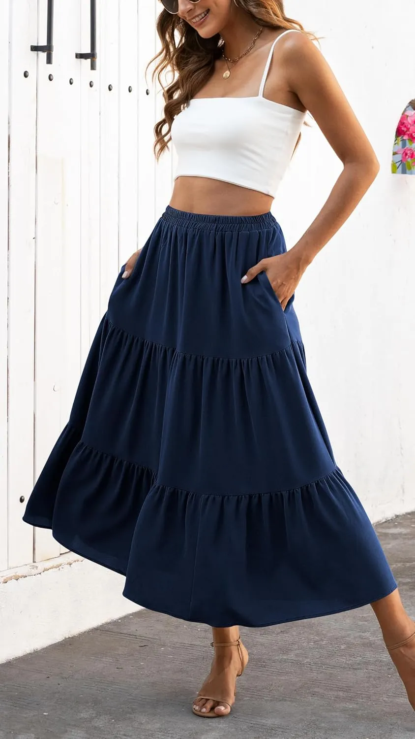 Naggoo Women's Summer Maxi Skirt Tiered A Line Ruffle Elastic High Waisted Flowy Beach Long Skirts with Pockets