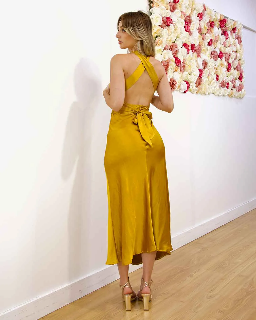Nicola Satin Midi Dress - Mustard