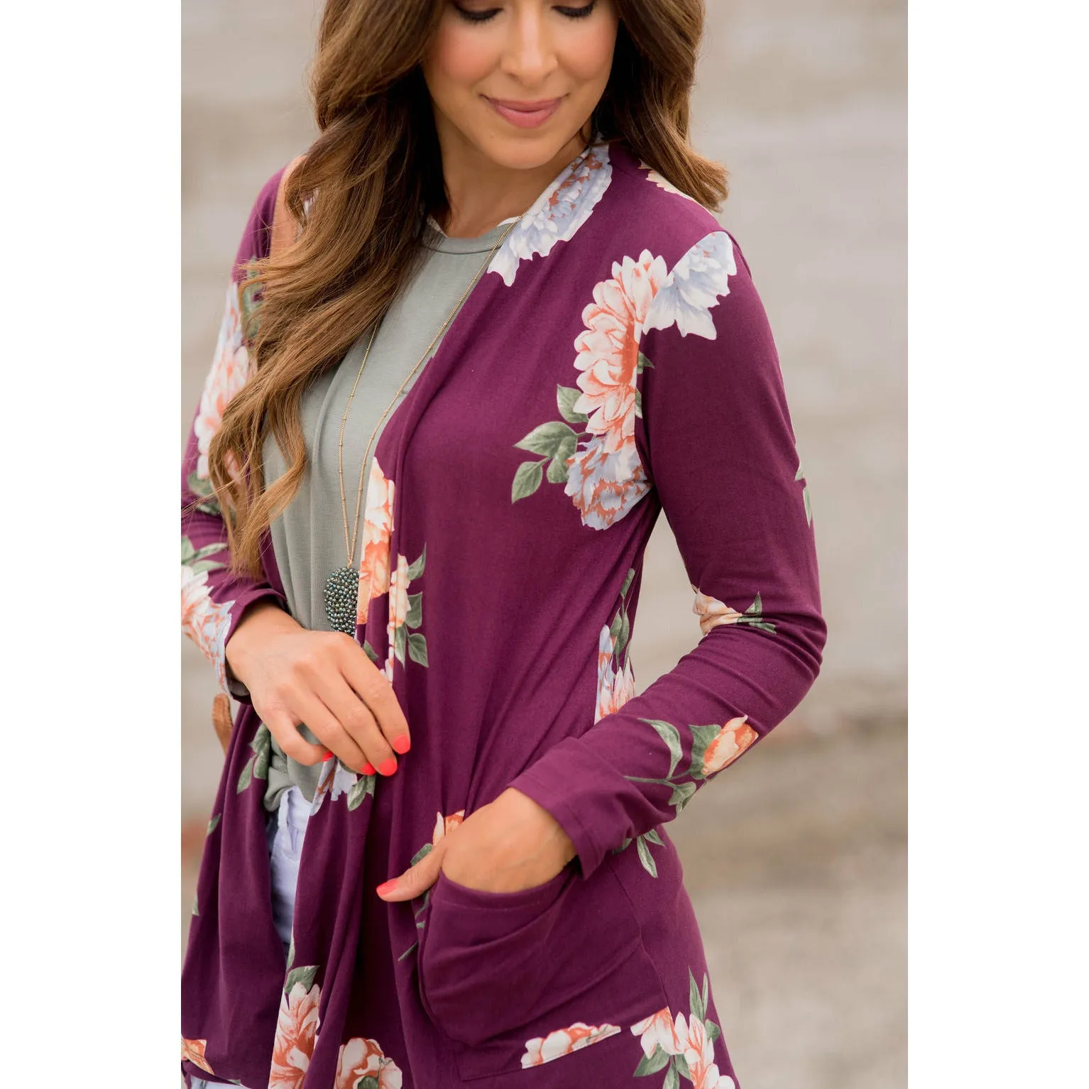 Plum Floral Pocket Cardigan