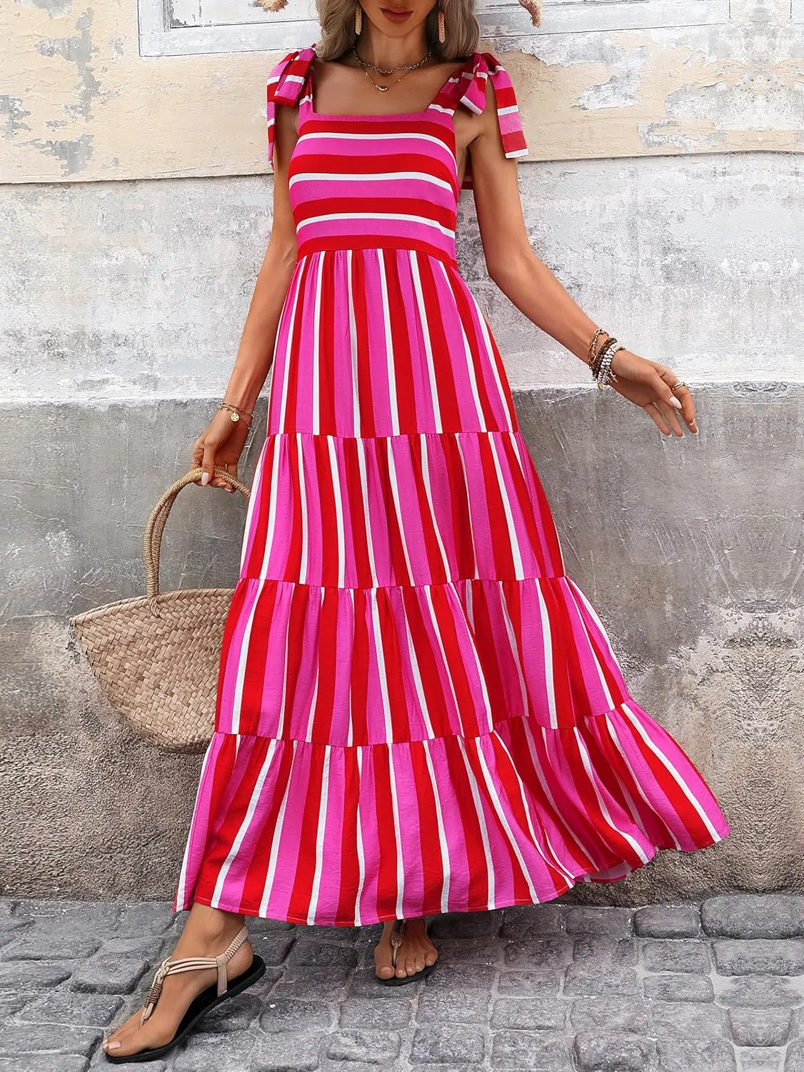 PRETTYGARDEN Womens Dresses 2025 Summer Floral Sleeveless Maxi Dress Casual Spaghetti Strap Tiered Flowy Beach Long Dress