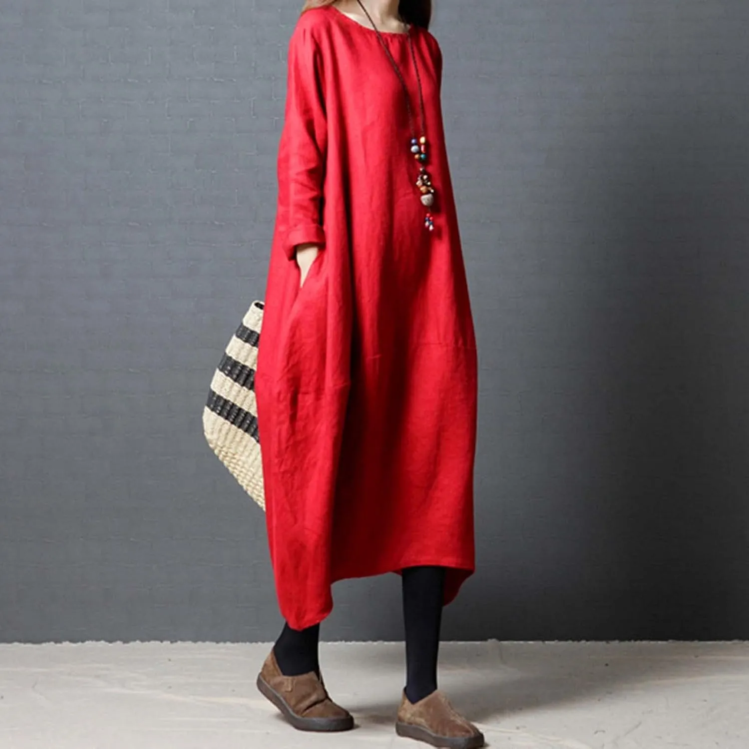 PTOLOCIF Casual Dresses for Women Loose-Fit Swing Dress Cotton Linen Long Sleeve Maxi Dress Summer Tunic Shift Dress