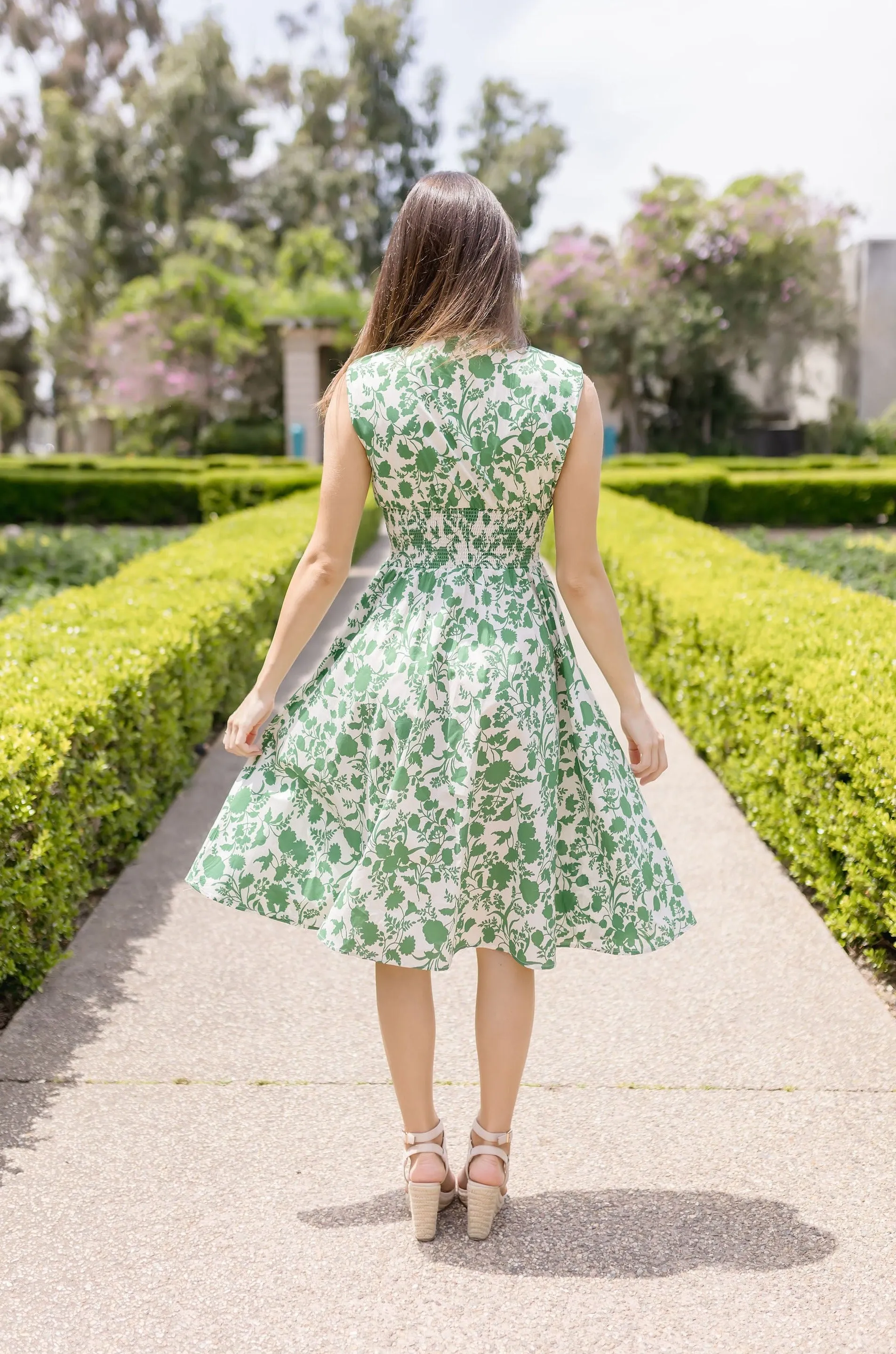 Ramona Shoulder Pad Sleeve Floral Print Midi Dress Green
