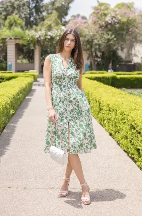 Ramona Shoulder Pad Sleeve Floral Print Midi Dress Green