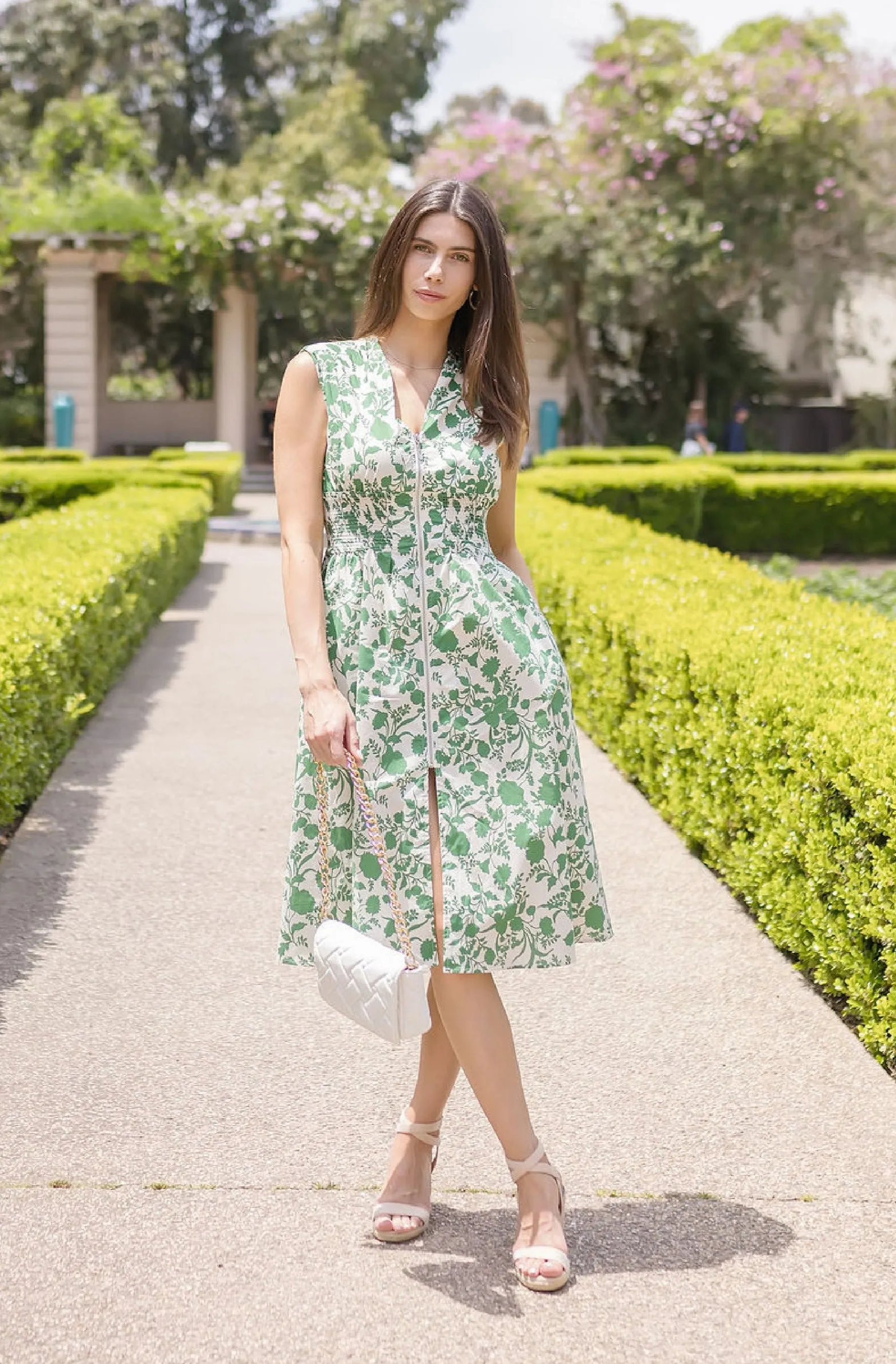 Ramona Shoulder Pad Sleeve Floral Print Midi Dress Green