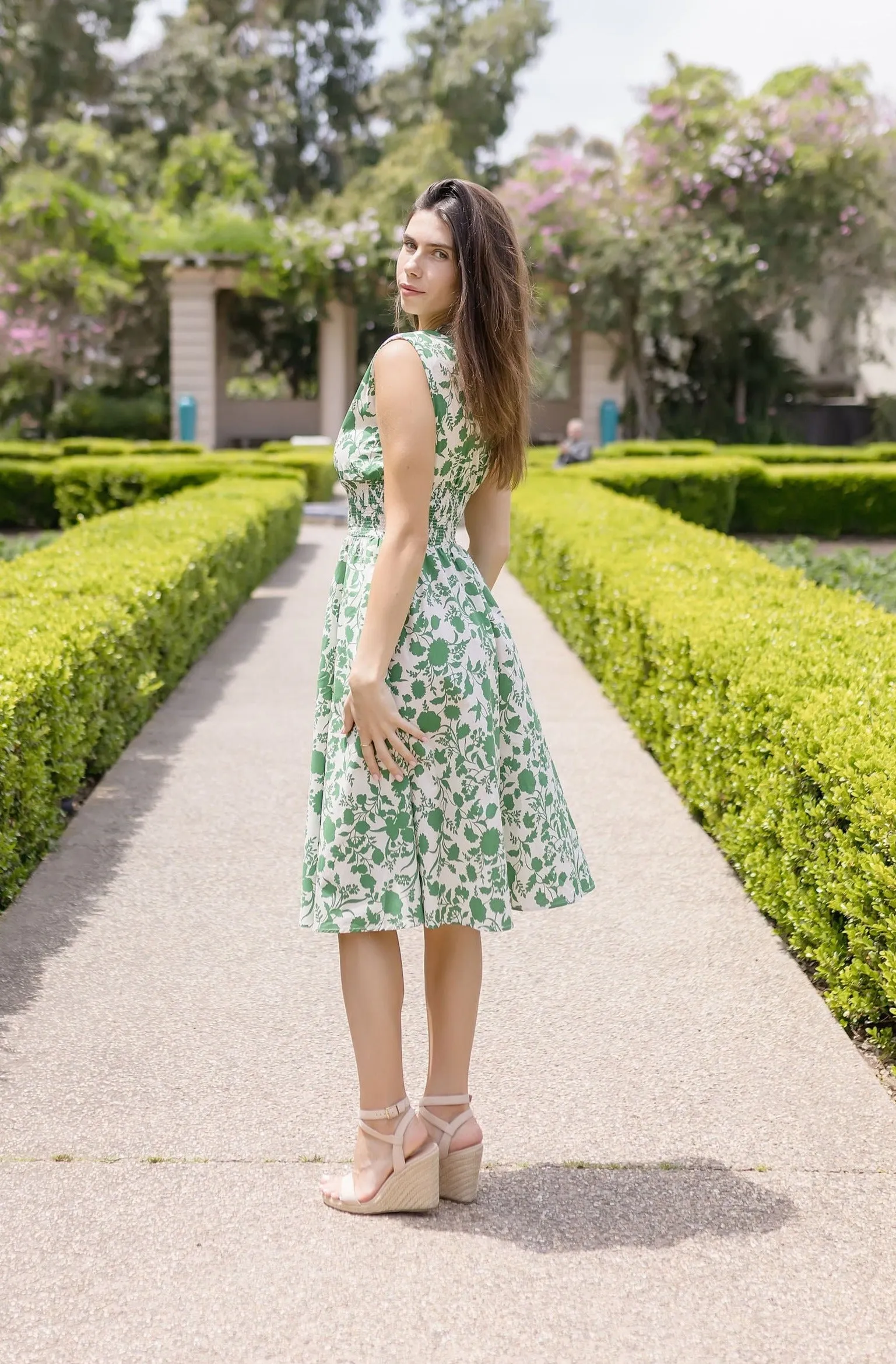 Ramona Shoulder Pad Sleeve Floral Print Midi Dress Green
