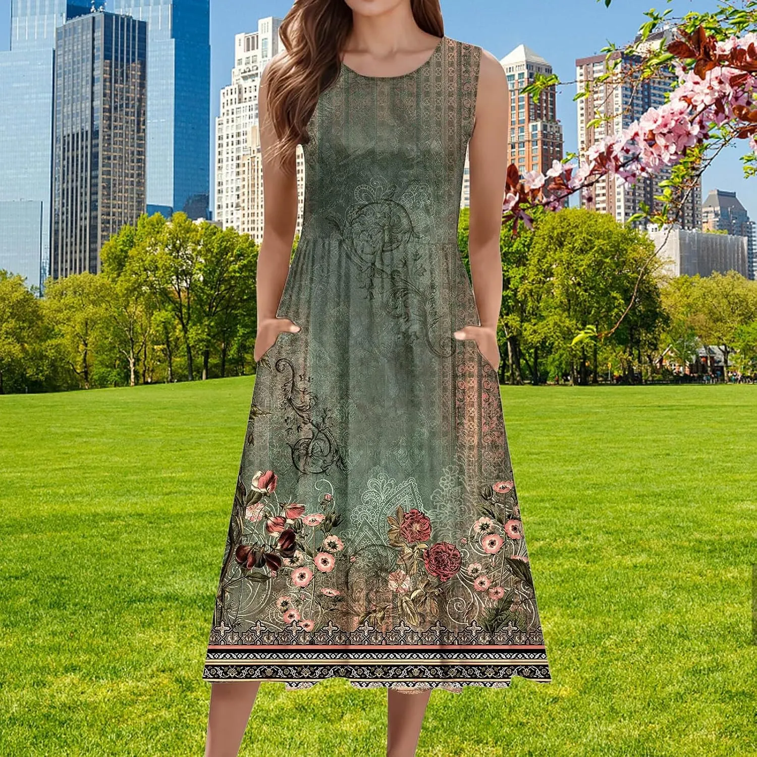 Sleeveless Dress for Women Women's Summer Tank Midi Dress with Pockets Sleeveless A Line Dress Casual Floral T Shirt
