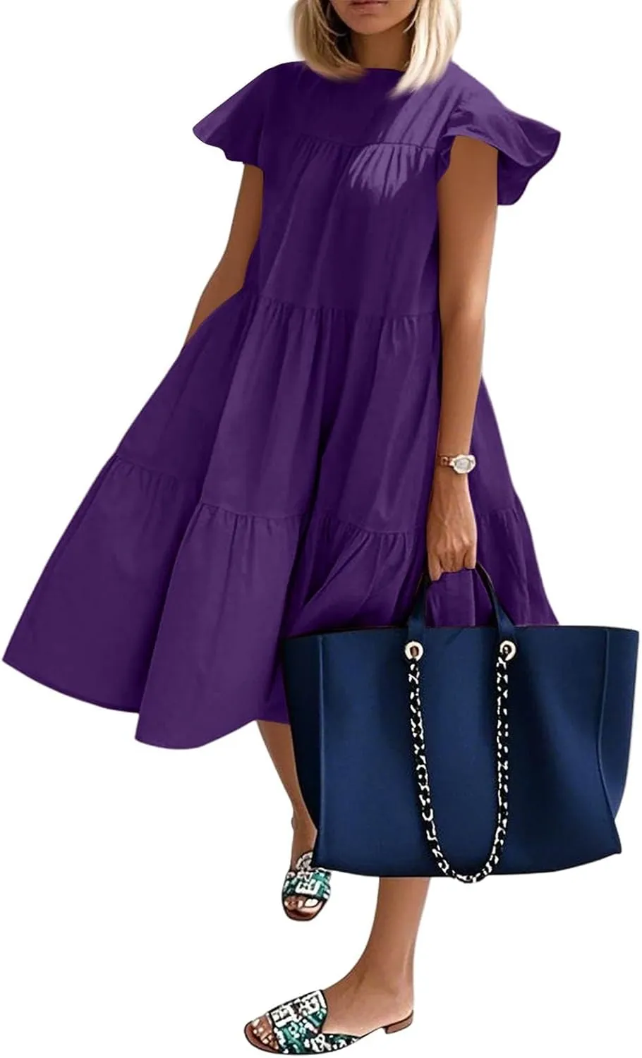 Summer Babydoll Dresses for Women 2025 Plus Size Ruffle Dress Casual Cap Sleeve Flowy Midi Dress