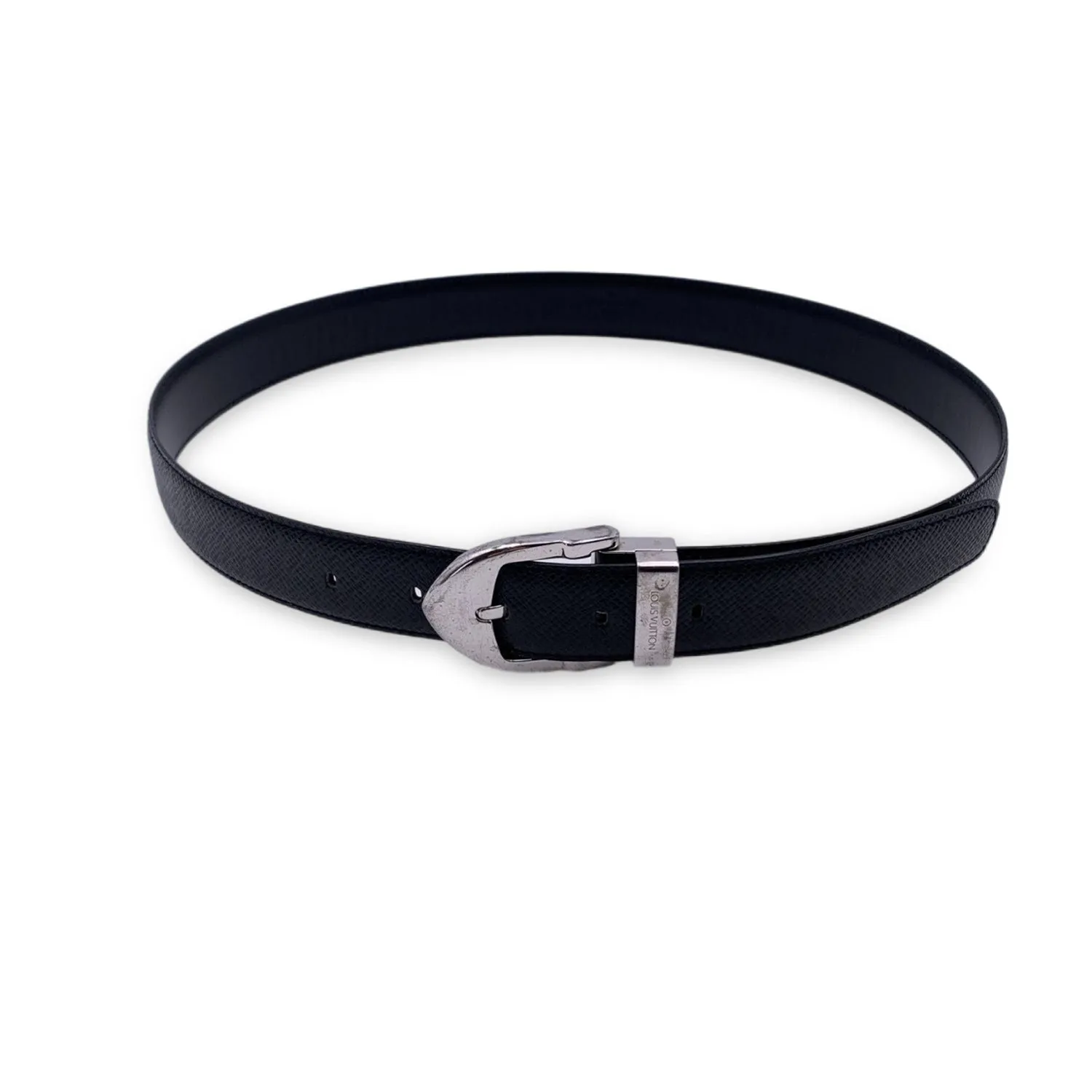 Trendy Inspired Louis Vuitton Black Taiga Classic Belt Silver Metal Buckle Size 85/34