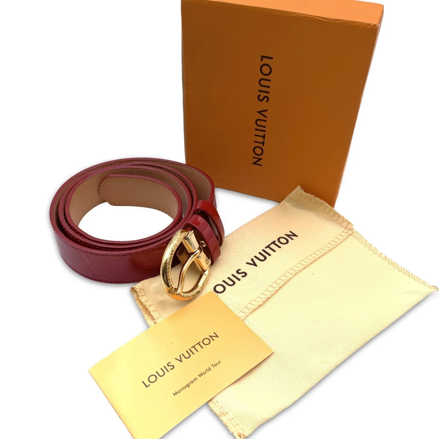 Trendy Inspired Louis Vuitton Red Pomme D'amour Monogram Vernis Belt Size 90/36