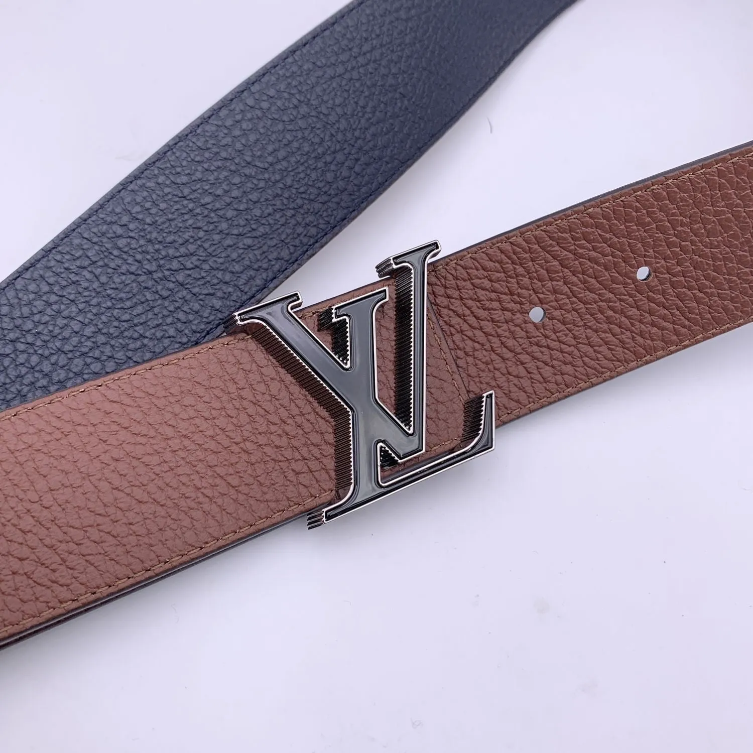 Trendy Inspired Louis Vuitton Reversible Blue Brown Lv Tilt Buckle Belt Size 110/44