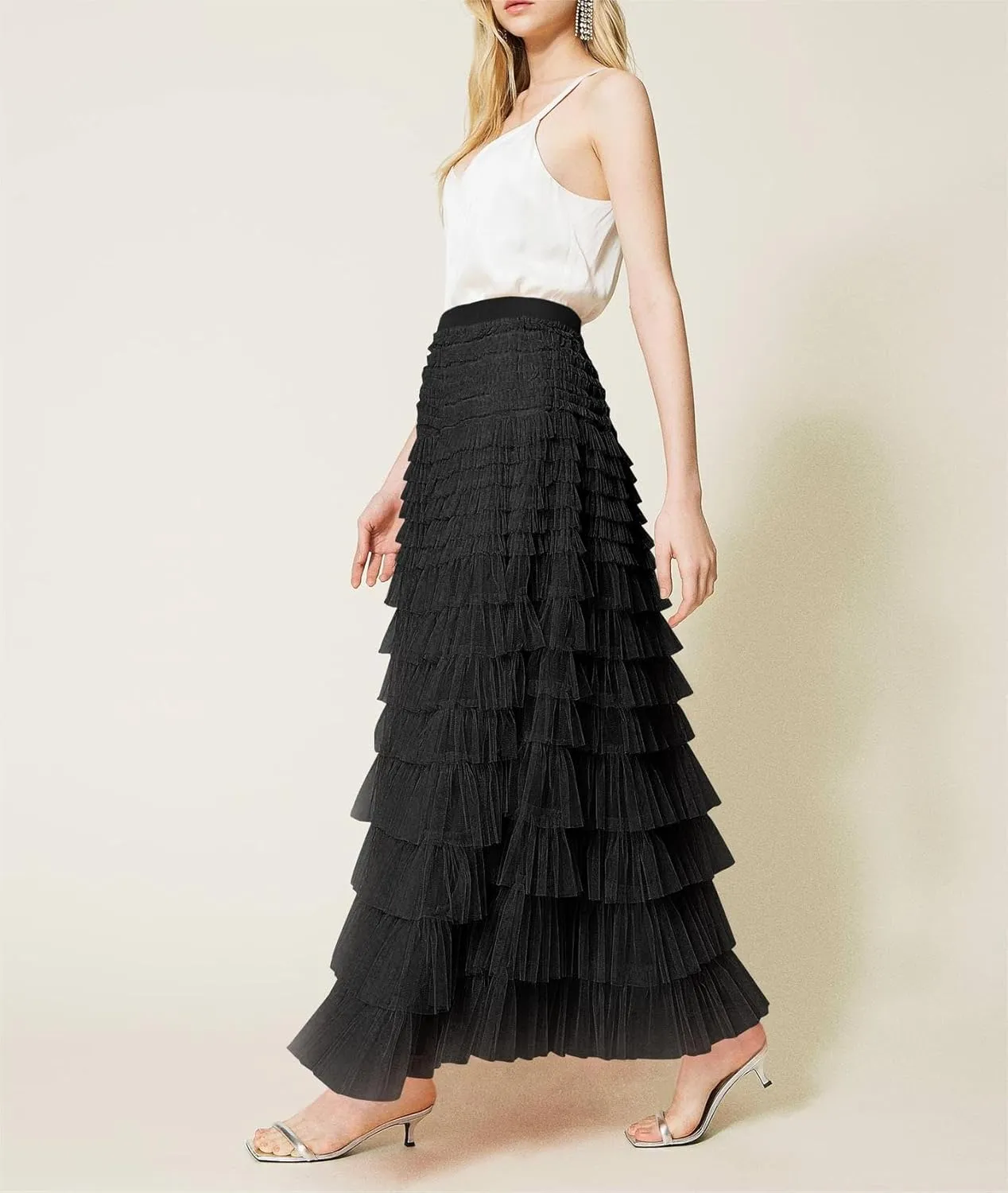 Tulle Skirts for Women,Trendy High Waisted Elastic Waist Ruffle Tiered A-Line Belt Tulle Maxi Dresses