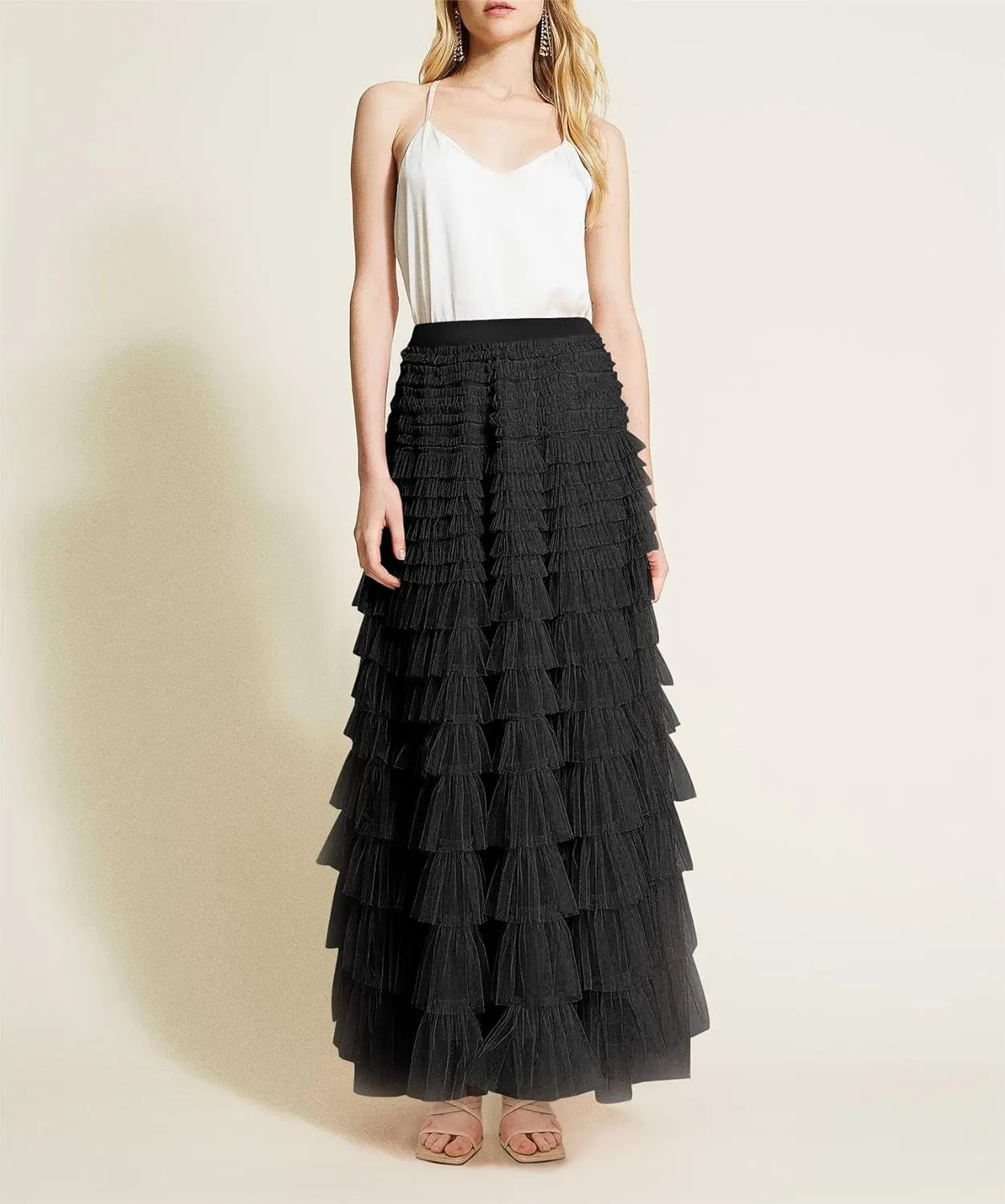 Tulle Skirts for Women,Trendy High Waisted Elastic Waist Ruffle Tiered A-Line Belt Tulle Maxi Dresses