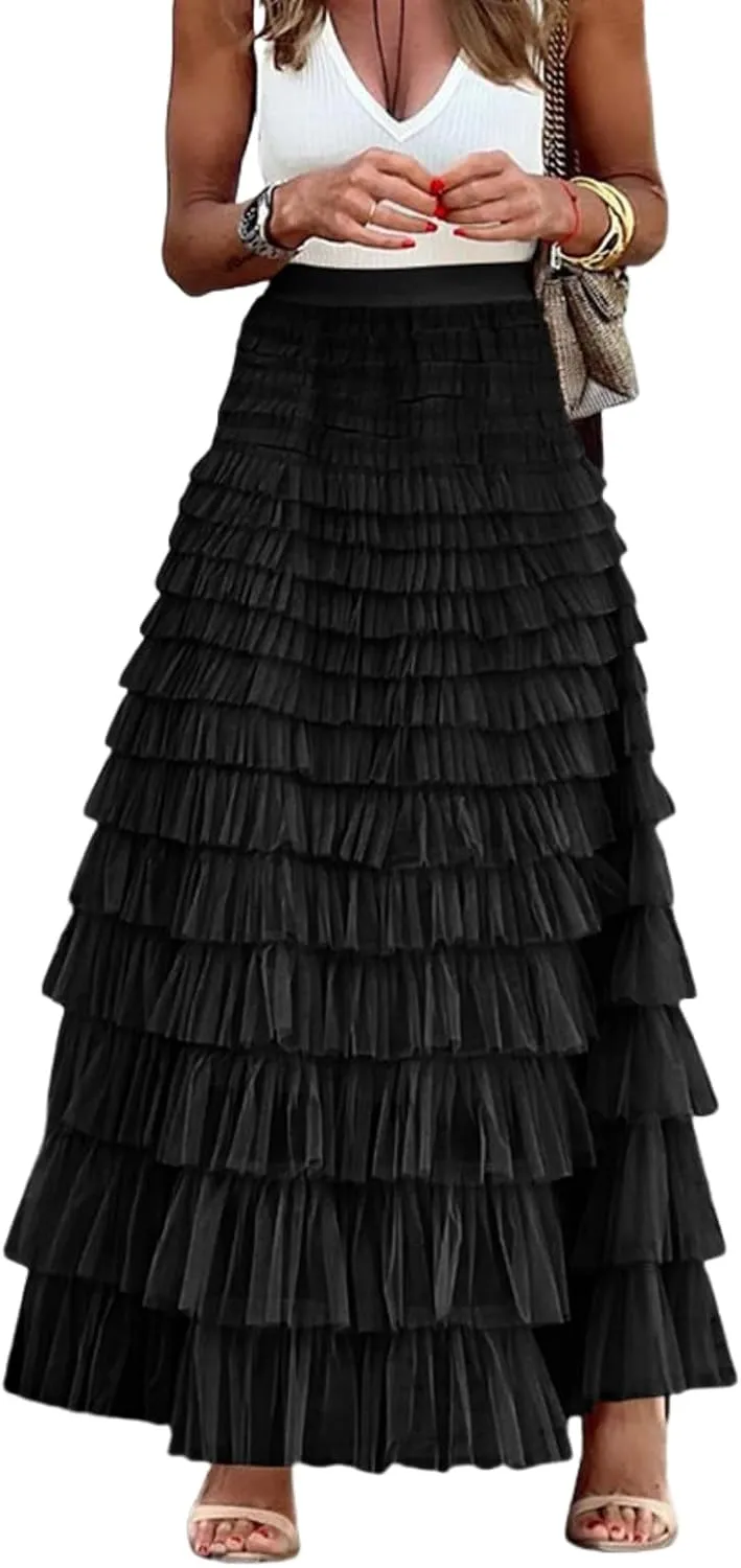 Tulle Skirts for Women,Trendy High Waisted Elastic Waist Ruffle Tiered A-Line Belt Tulle Maxi Dresses