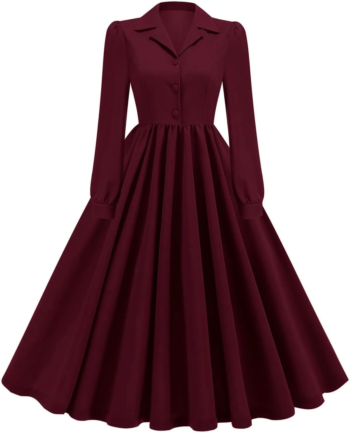 Vintage A-Line Dress for Women Notch Lapel Collar Button Down Dress Elegant Pleated Long Sleeve Solid Maxi Dress