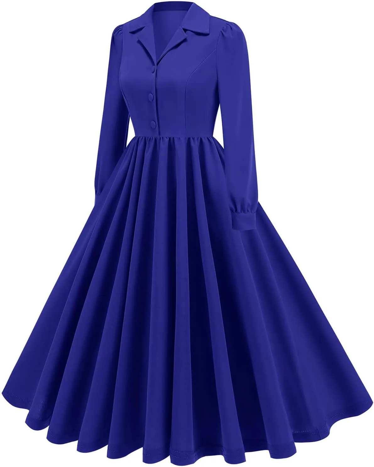 Vintage A-Line Dress for Women Notch Lapel Collar Button Down Dress Elegant Pleated Long Sleeve Solid Maxi Dress
