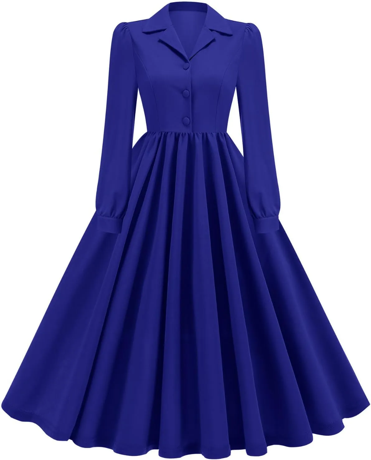 Vintage A-Line Dress for Women Notch Lapel Collar Button Down Dress Elegant Pleated Long Sleeve Solid Maxi Dress