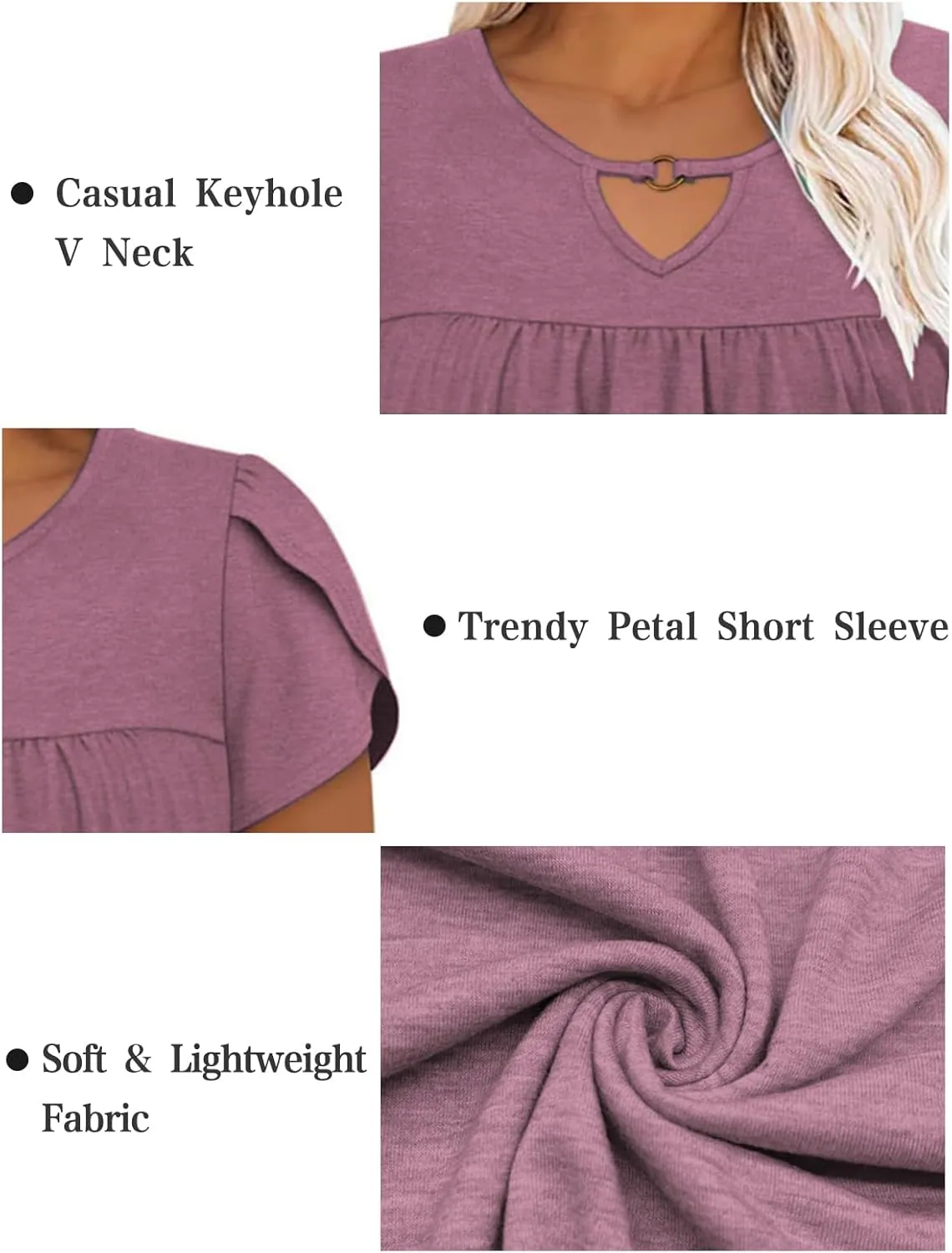 VISLILY Womens-Plus-Size-Summer-Tops Chic Keyhole V Neck T Shirts Cute Petal Short Sleeve Blouses Flowy Pleated Tunics XL-5XL