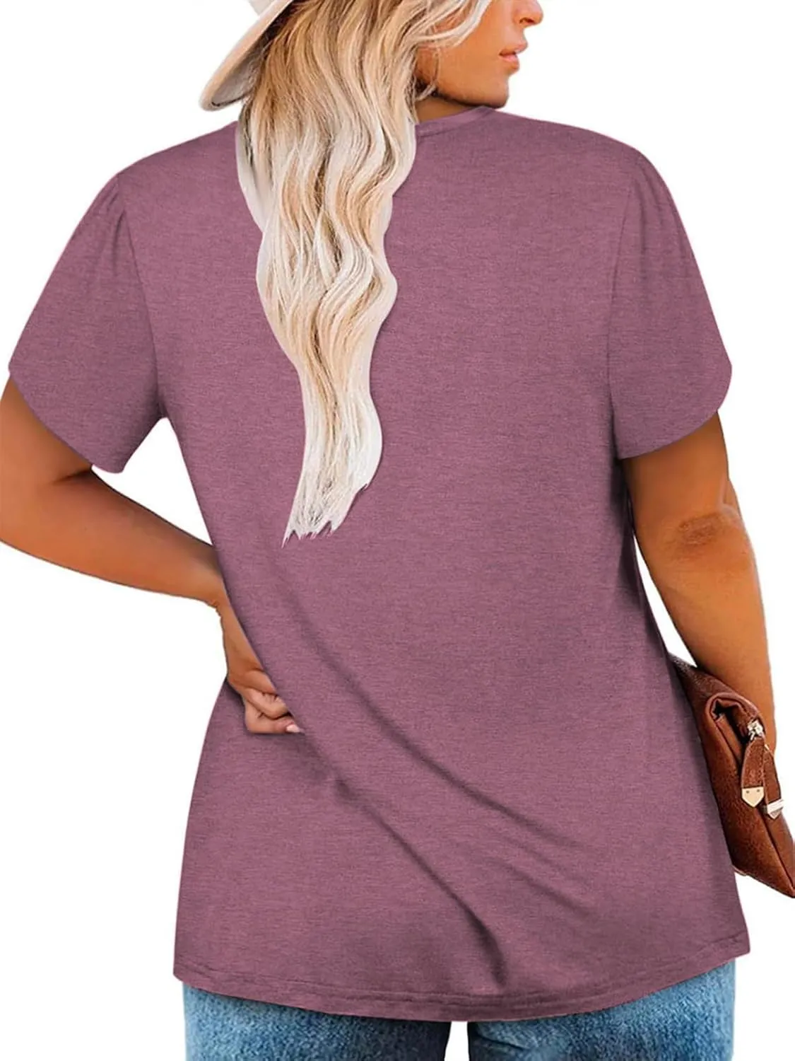VISLILY Womens-Plus-Size-Summer-Tops Chic Keyhole V Neck T Shirts Cute Petal Short Sleeve Blouses Flowy Pleated Tunics XL-5XL