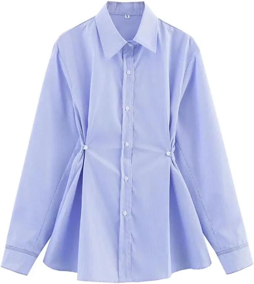 Waist Button Solid Color Blouse Loose Casual Long Sleeve Chic Shirts Lapel Office Lady Work Top