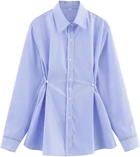 Waist Button Solid Color Blouse Loose Casual Long Sleeve Chic Shirts Lapel Office Lady Work Top