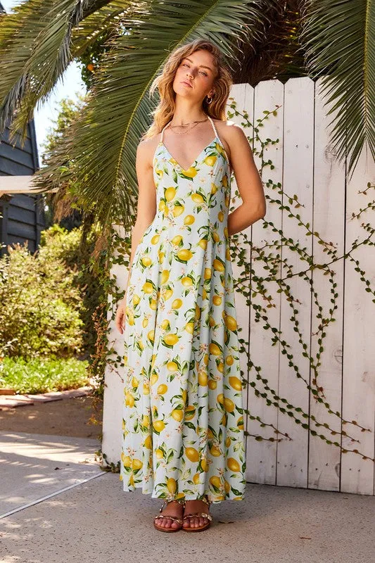 Waitlist 5/5 ♥ Leanna Sleeveless Cord Halter Tie Lemon Print Maxi Dress Light Blue