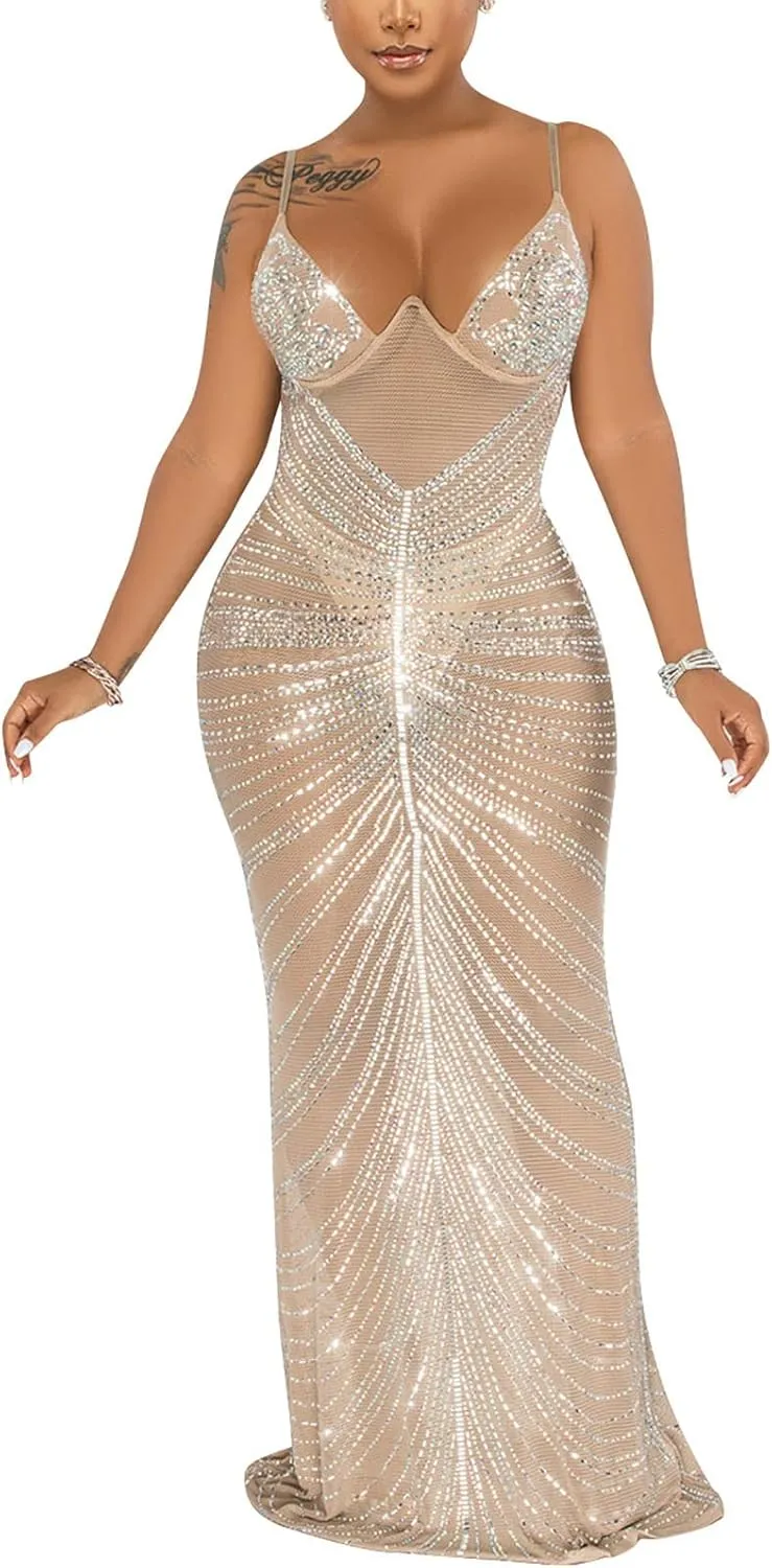 WOKANSE Women Sexy Glitter Rhinestone Spaghetti Strap Bodycon Mesh Sheer Club Party Maxi Dress