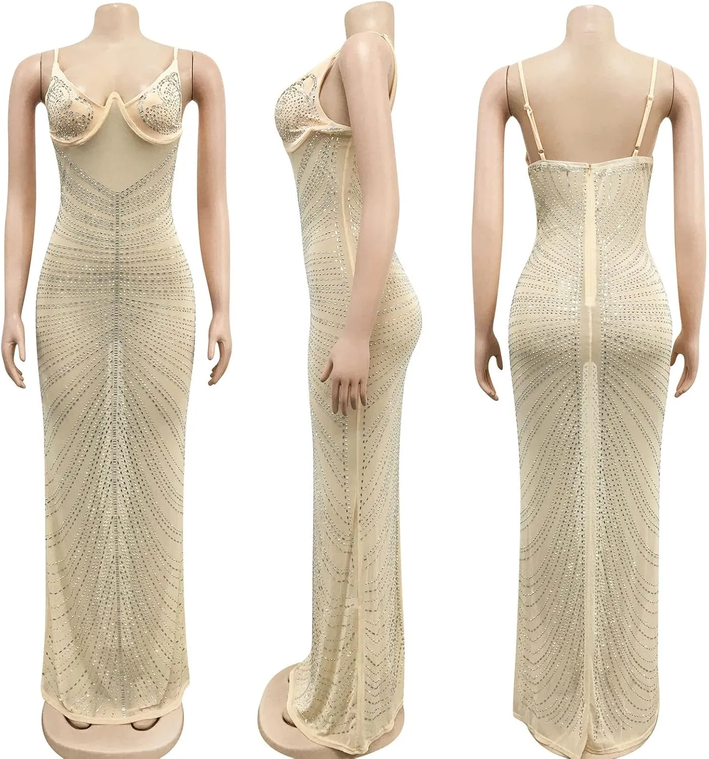 WOKANSE Women Sexy Glitter Rhinestone Spaghetti Strap Bodycon Mesh Sheer Club Party Maxi Dress