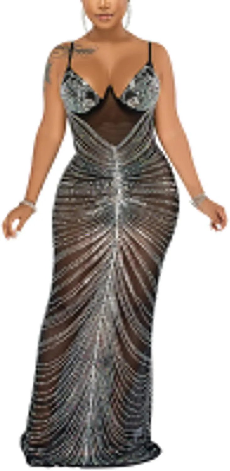 WOKANSE Women Sexy Glitter Rhinestone Spaghetti Strap Bodycon Mesh Sheer Club Party Maxi Dress