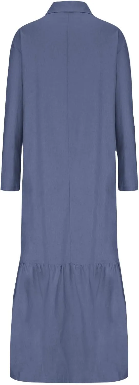 Women Long Sleeve Button Down Dress Summer Casual Cotton Linen Maxi Shirt Dress Loose Flowy Ruffle Beach Dress