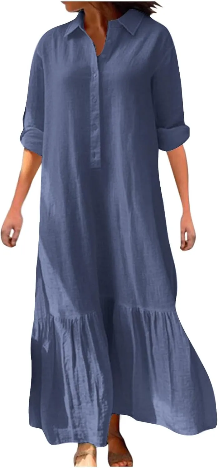 Women Long Sleeve Button Down Dress Summer Casual Cotton Linen Maxi Shirt Dress Loose Flowy Ruffle Beach Dress