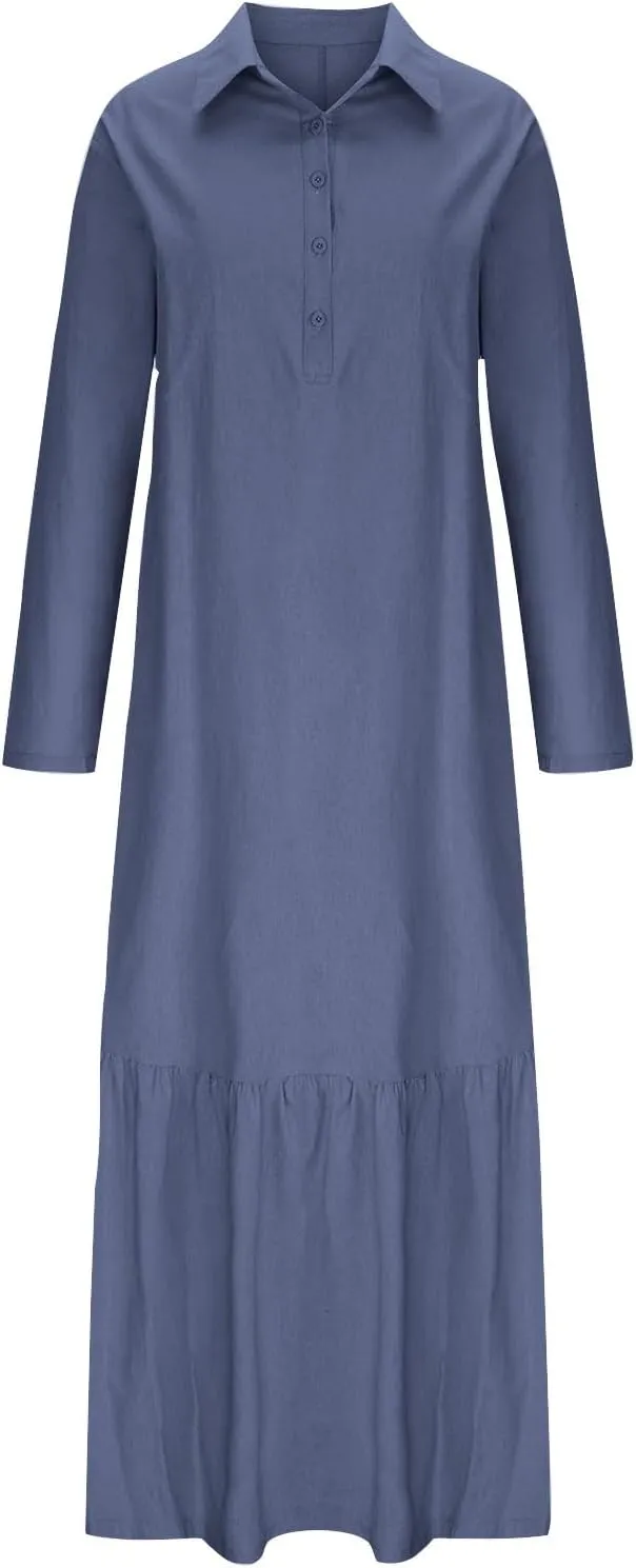 Women Long Sleeve Button Down Dress Summer Casual Cotton Linen Maxi Shirt Dress Loose Flowy Ruffle Beach Dress