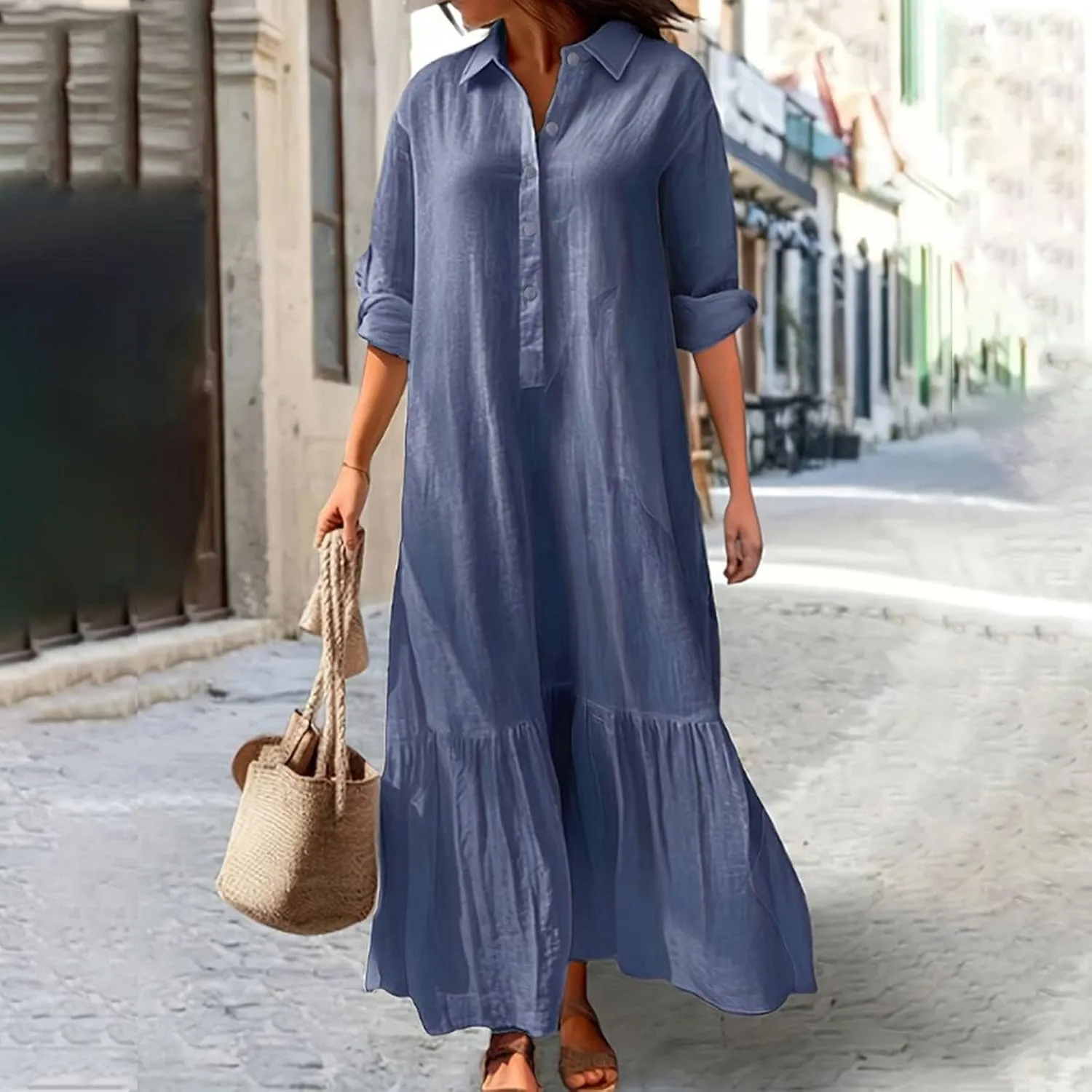 Women Long Sleeve Button Down Dress Summer Casual Cotton Linen Maxi Shirt Dress Loose Flowy Ruffle Beach Dress