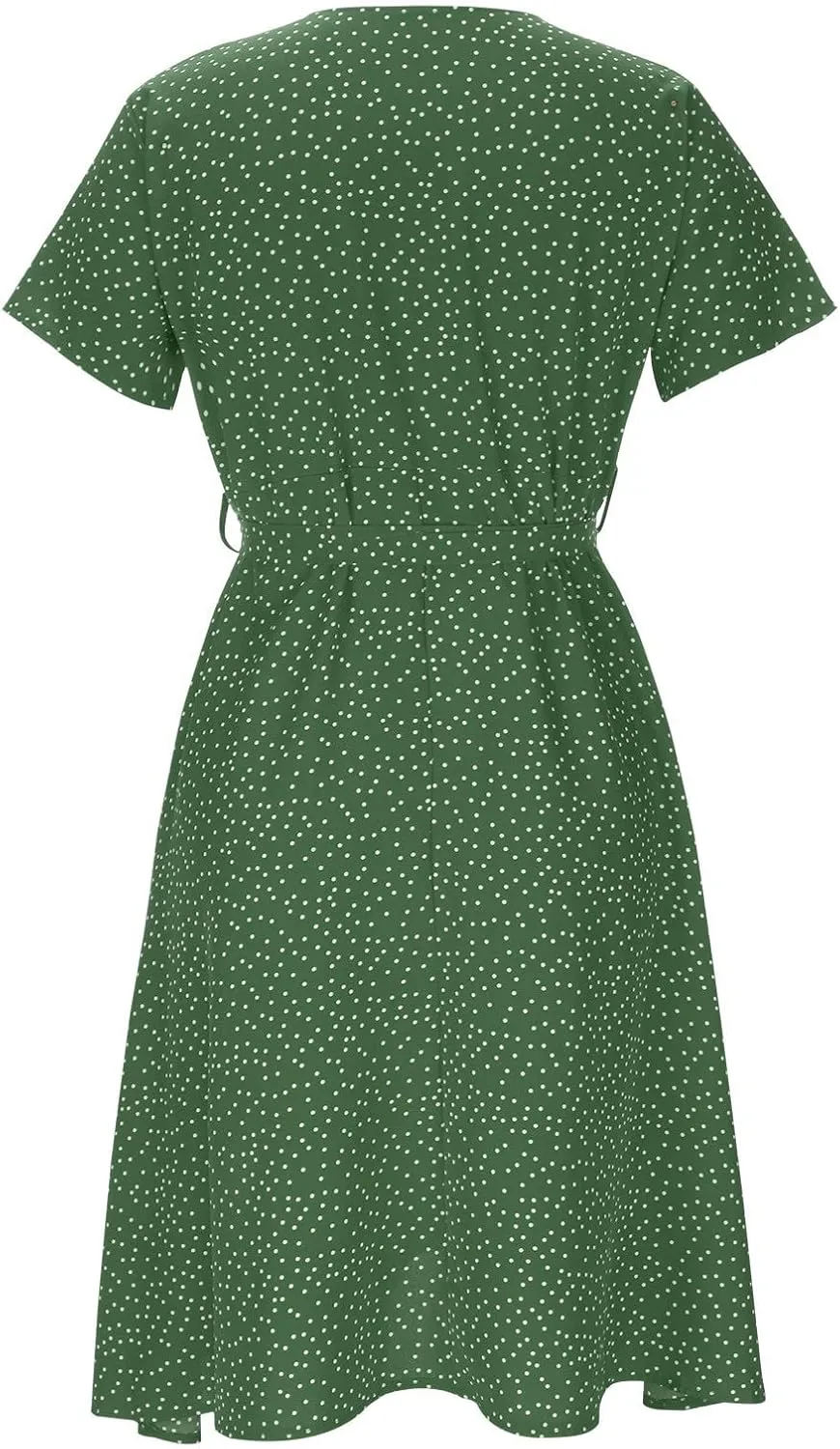 Womens 2024 Summer Dresses Polka Dot Short Sleeve V Neck Tunic Dress A-line Loose Casual Flowy Dress Beach Vacation Dress