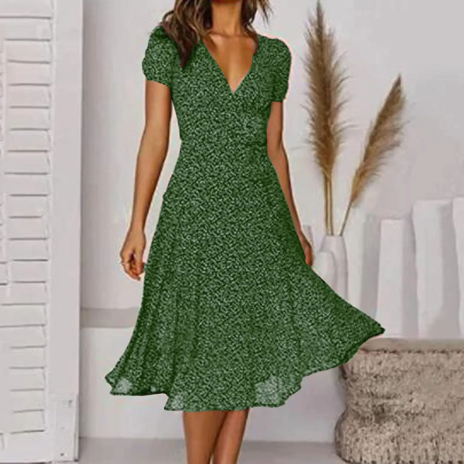 Womens 2024 Summer Dresses Polka Dot Short Sleeve V Neck Tunic Dress A-line Loose Casual Flowy Dress Beach Vacation Dress