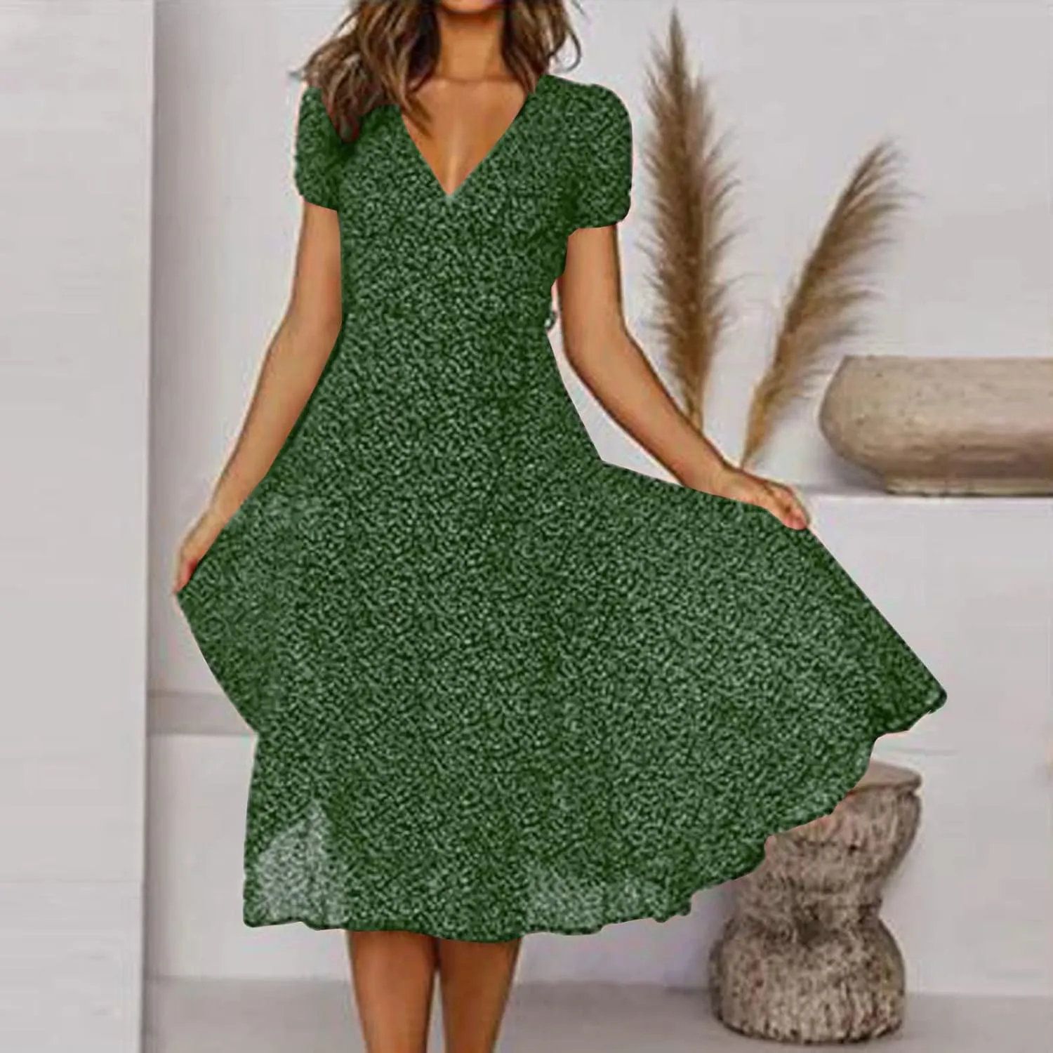 Womens 2024 Summer Dresses Polka Dot Short Sleeve V Neck Tunic Dress A-line Loose Casual Flowy Dress Beach Vacation Dress
