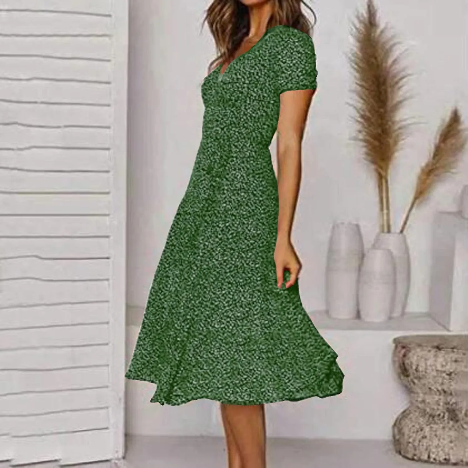 Womens 2024 Summer Dresses Polka Dot Short Sleeve V Neck Tunic Dress A-line Loose Casual Flowy Dress Beach Vacation Dress