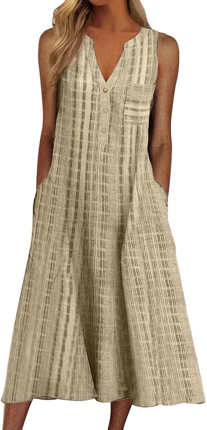 Women's 2025 Sundresses Casual Summer Tank Dress V Neck Sleeveless Button Down Midi Floral Beach Dress with Pockets