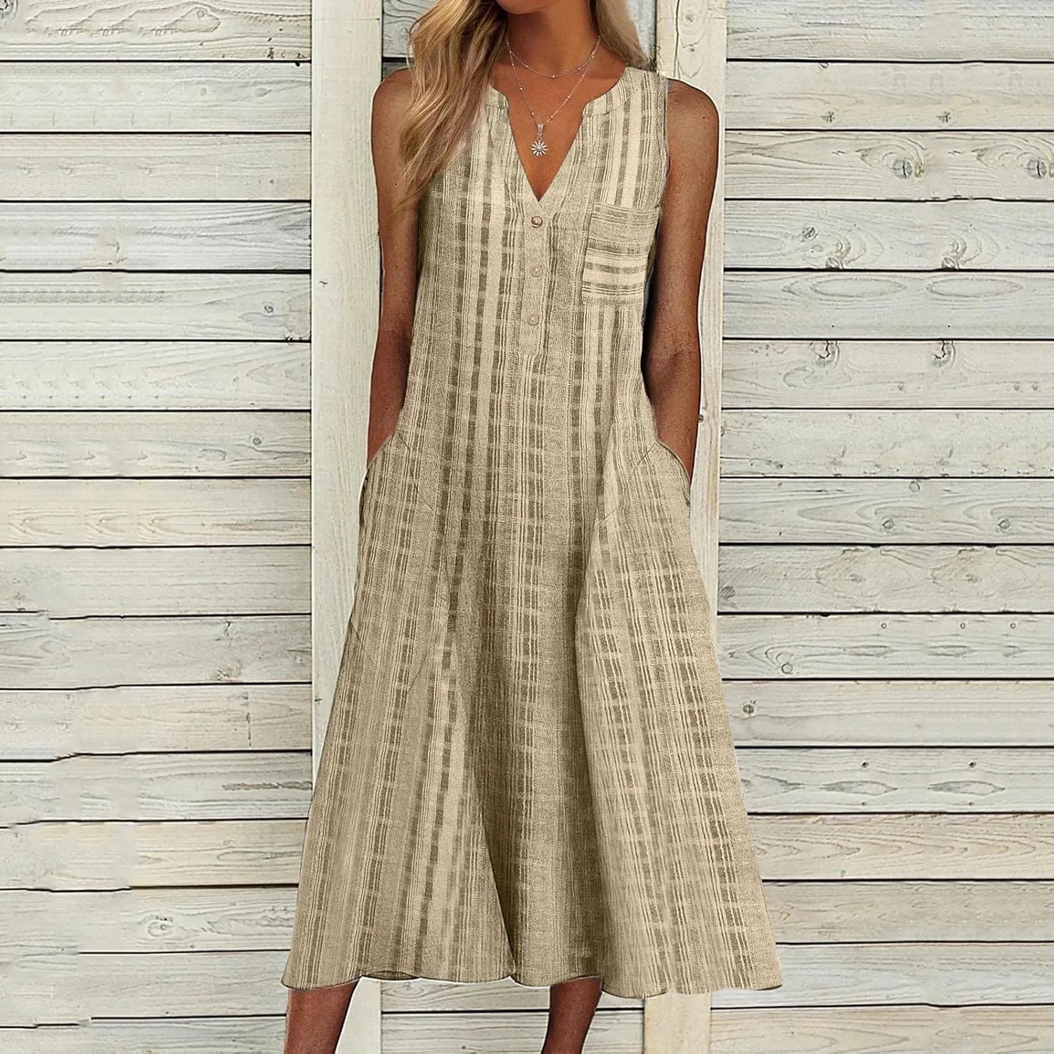 Women's 2025 Sundresses Casual Summer Tank Dress V Neck Sleeveless Button Down Midi Floral Beach Dress with Pockets