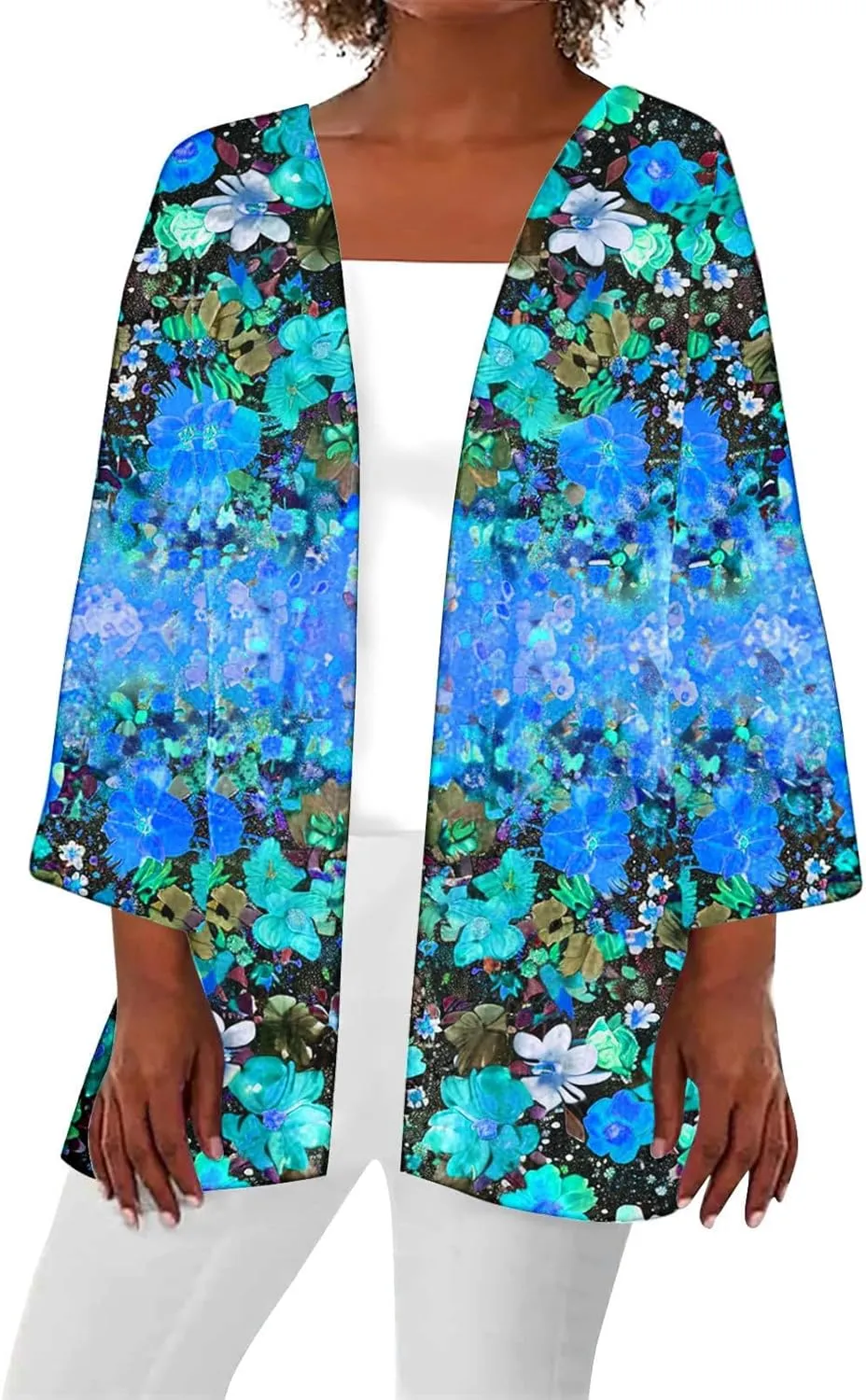 Women's Boho Floral Print 3/4 Sleeve Cardigans Loose Fit Cover Up Casual Blouses Cardigan Vacation Cover Up Tops