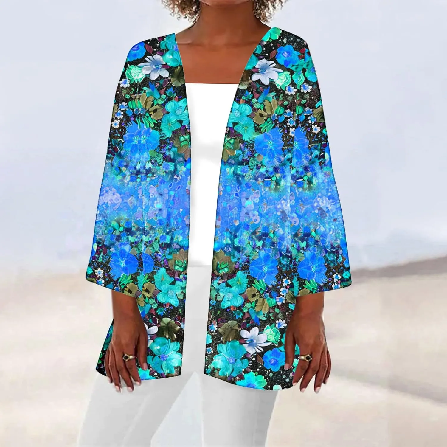 Women's Boho Floral Print 3/4 Sleeve Cardigans Loose Fit Cover Up Casual Blouses Cardigan Vacation Cover Up Tops